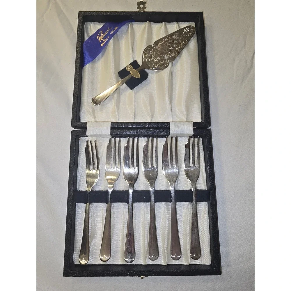 Vintage Raimond Sheffield England Silverplate Cake Server and 6 Pastry Fork Set